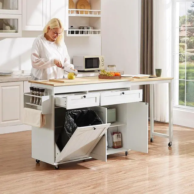 Alt view image 3 of 7 - Kitchen Islands with Extendable Dining Table, 81.7" Mobile Kitchen Storage Islands, Rolling Kitchen Cart with Trash Cabinet, Power Outlet, Spice Rack & Towel Rack, White