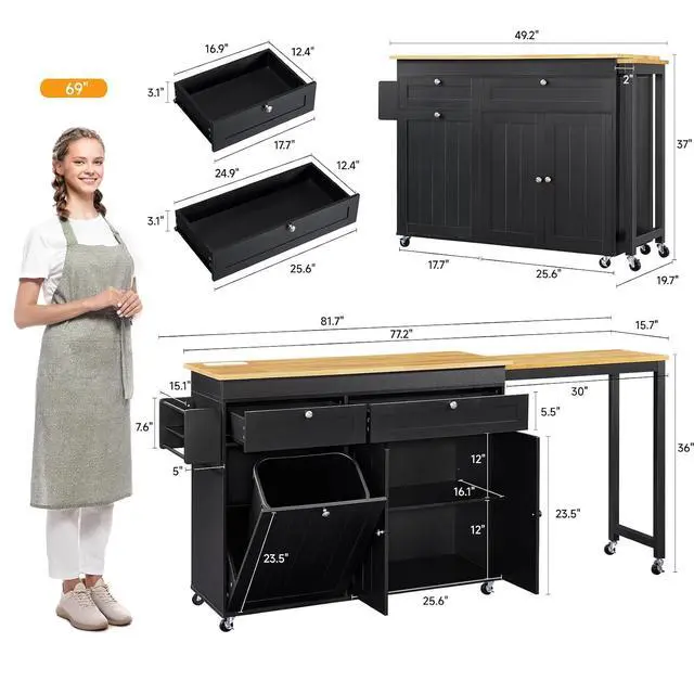 Alt view image 2 of 7 - Kitchen Islands with Extendable Dining Table, 81.7" Mobile Kitchen Storage Islands, Rolling Kitchen Cart with Trash Cabinet, Power Outlet, Spice Rack & Towel Rack, Black