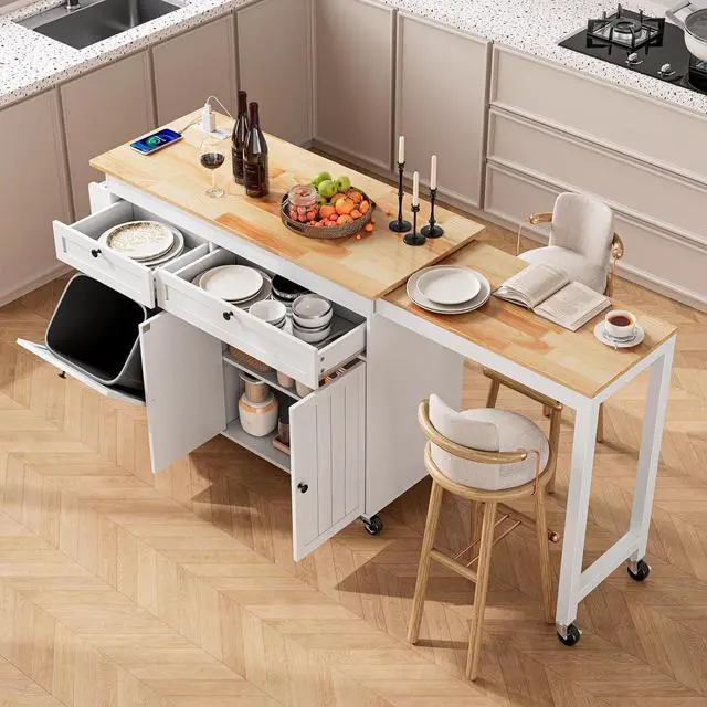 Main image of Kitchen Islands with Extendable Dining Table, 81.7" Mobile Kitchen Storage Islands, Rolling Kitchen Cart with Trash Cabinet, Power Outlet, Spice Rack & Towel Rack, White