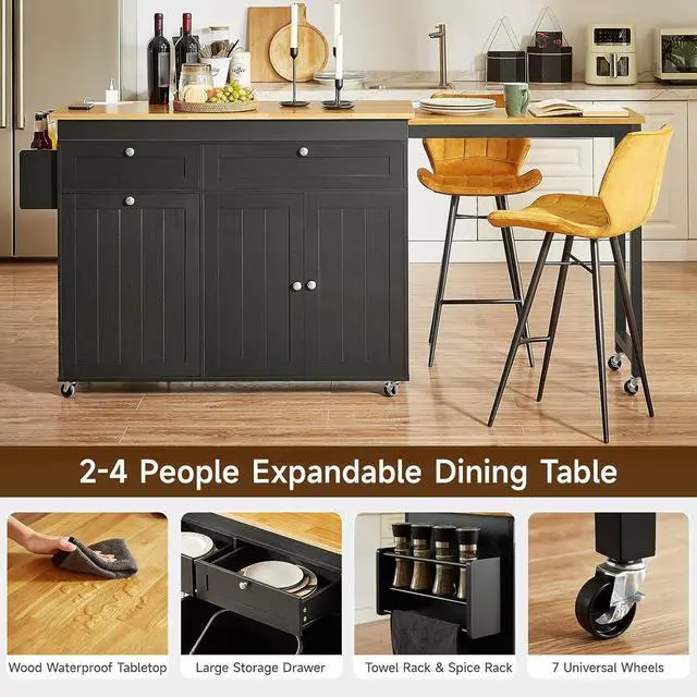 Alt view image 7 of 7 - Kitchen Islands with Extendable Dining Table, 81.7" Mobile Kitchen Storage Islands, Rolling Kitchen Cart with Trash Cabinet, Power Outlet, Spice Rack & Towel Rack, Black