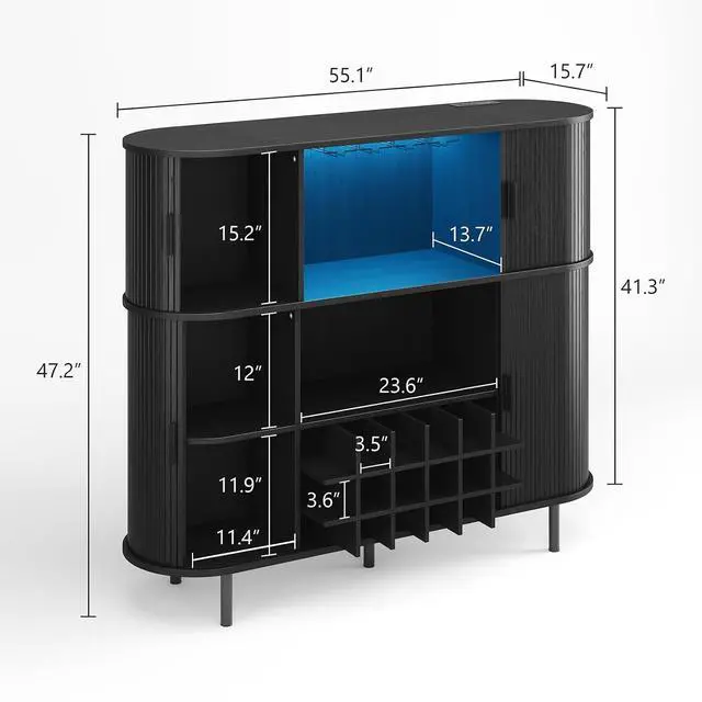Alt view image 2 of 7 - 55" Fluted Wine Bar Cabinet with LED Lights, Coffee Bar Cabinet with Power Outlet, Modern Liquor Whiskey Cabinets with Wine Rack and Glass Holder, Home Bar for Living Room Kitchen