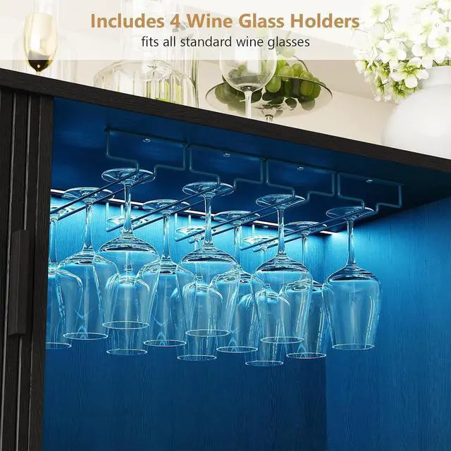 Alt view image 6 of 7 - 55" Fluted Wine Bar Cabinet with LED Lights, Coffee Bar Cabinet with Power Outlet, Modern Liquor Whiskey Cabinets with Wine Rack and Glass Holder, Home Bar for Living Room Kitchen