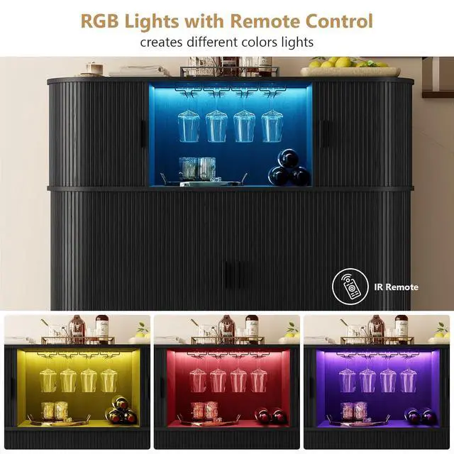 Alt view image 7 of 7 - 55" Fluted Wine Bar Cabinet with LED Lights, Coffee Bar Cabinet with Power Outlet, Modern Liquor Whiskey Cabinets with Wine Rack and Glass Holder, Home Bar for Living Room Kitchen
