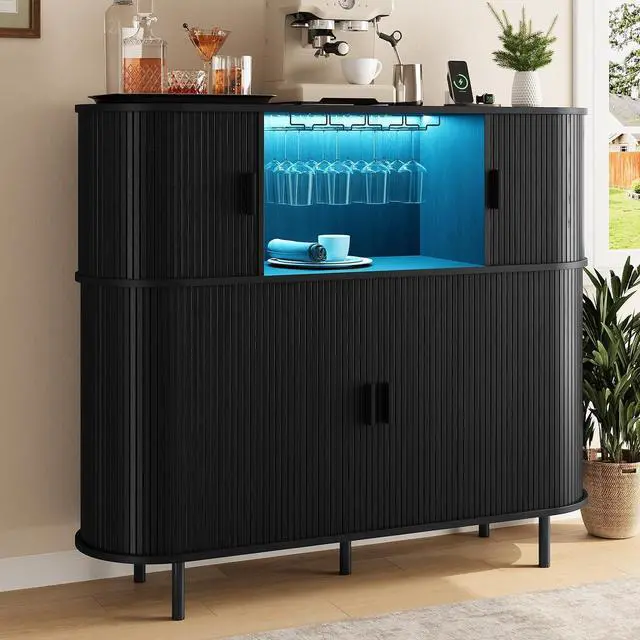 Main image of 55" Fluted Wine Bar Cabinet with LED Lights, Coffee Bar Cabinet with Power Outlet, Modern Liquor Whiskey Cabinets with Wine Rack and Glass Holder, Home Bar for Living Room Kitchen