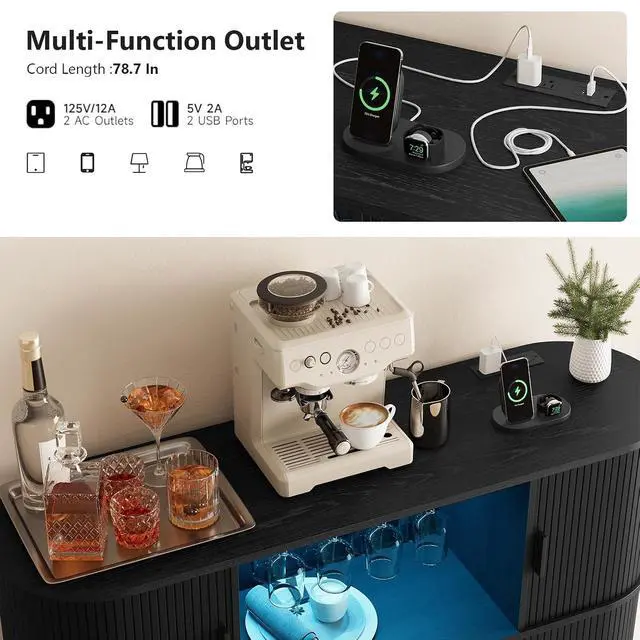 Alt view image 5 of 7 - 55" Fluted Wine Bar Cabinet with LED Lights, Coffee Bar Cabinet with Power Outlet, Modern Liquor Whiskey Cabinets with Wine Rack and Glass Holder, Home Bar for Living Room Kitchen