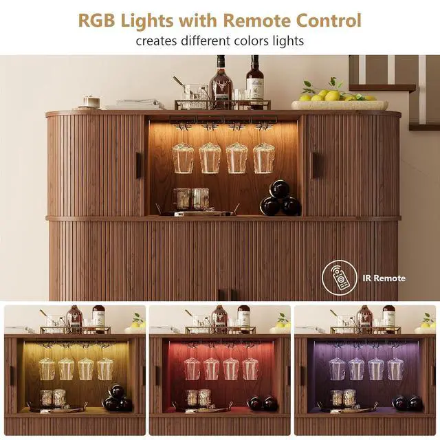 Alt view image 7 of 7 - 55" Fluted Wine Bar Cabinet with LED Lights, Coffee Bar Cabinet with Power Outlet, Modern Liquor Whiskey Cabinets with Wine Rack and Glass Holder, Home Bar for Living Room Kitchen