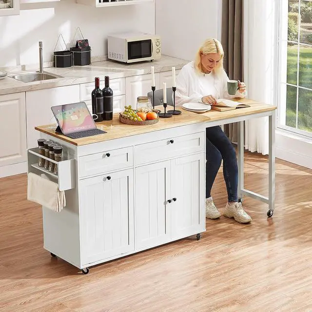 Alt view image 4 of 7 - Kitchen Islands with Extendable Dining Table, 81.7" Mobile Kitchen Storage Islands, Rolling Kitchen Cart with Trash Cabinet, Power Outlet, Spice Rack & Towel Rack, White