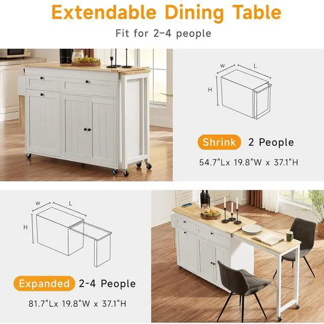Alt view image 5 of 7 - Kitchen Islands with Extendable Dining Table, 81.7" Mobile Kitchen Storage Islands, Rolling Kitchen Cart with Trash Cabinet, Power Outlet, Spice Rack & Towel Rack, White