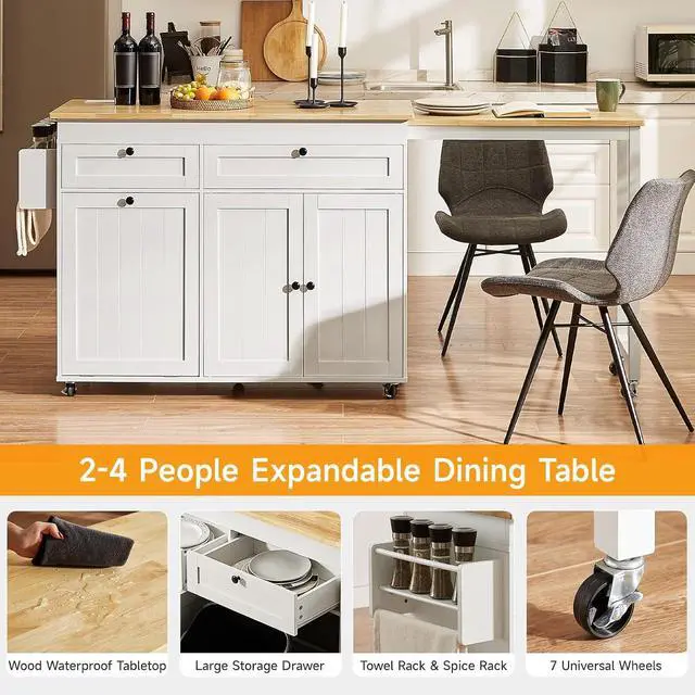 Alt view image 7 of 7 - Kitchen Islands with Extendable Dining Table, 81.7" Mobile Kitchen Storage Islands, Rolling Kitchen Cart with Trash Cabinet, Power Outlet, Spice Rack & Towel Rack, White