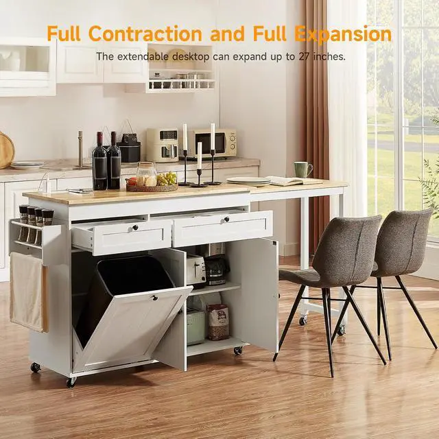 Alt view image 6 of 7 - Kitchen Islands with Extendable Dining Table, 81.7" Mobile Kitchen Storage Islands, Rolling Kitchen Cart with Trash Cabinet, Power Outlet, Spice Rack & Towel Rack, White
