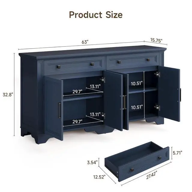 Alt view image 3 of 7 - 63" Sideboard Buffet Cabinet, Kitchen Buffet Storage Cabinet, Large Credenza with Drawers & Doors, Wood Coffee Bar Console Wine Bar for Living Room Hallway Blue