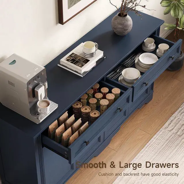 Alt view image 2 of 7 - 63" Sideboard Buffet Cabinet, Kitchen Buffet Storage Cabinet, Large Credenza with Drawers & Doors, Wood Coffee Bar Console Wine Bar for Living Room Hallway Blue
