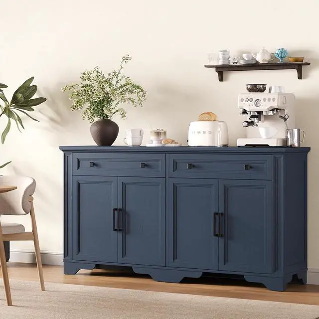 Alt view image 7 of 7 - 63" Sideboard Buffet Cabinet, Kitchen Buffet Storage Cabinet, Large Credenza with Drawers & Doors, Wood Coffee Bar Console Wine Bar for Living Room Hallway Blue