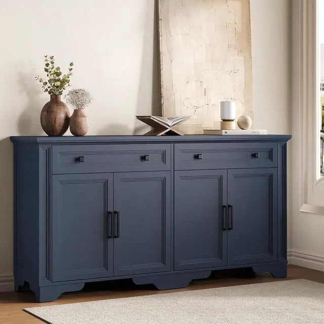 Alt view image 6 of 7 - 63" Sideboard Buffet Cabinet, Kitchen Buffet Storage Cabinet, Large Credenza with Drawers & Doors, Wood Coffee Bar Console Wine Bar for Living Room Hallway Blue