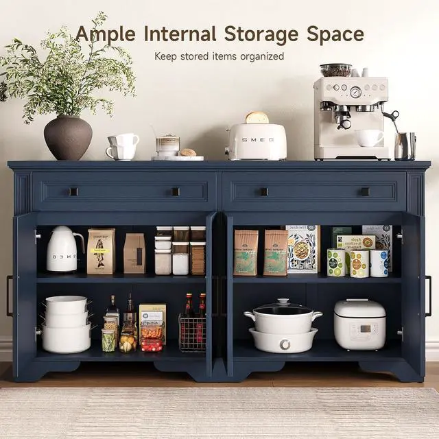 Alt view image 4 of 7 - 63" Sideboard Buffet Cabinet, Kitchen Buffet Storage Cabinet, Large Credenza with Drawers & Doors, Wood Coffee Bar Console Wine Bar for Living Room Hallway Blue