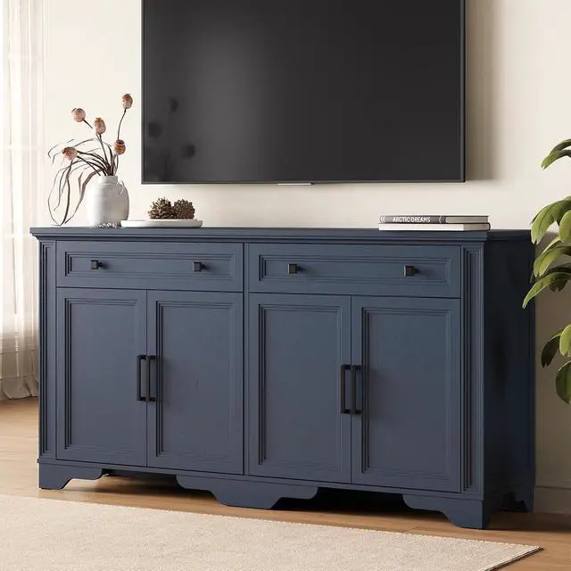 Alt view image 5 of 7 - 63" Sideboard Buffet Cabinet, Kitchen Buffet Storage Cabinet, Large Credenza with Drawers & Doors, Wood Coffee Bar Console Wine Bar for Living Room Hallway Blue