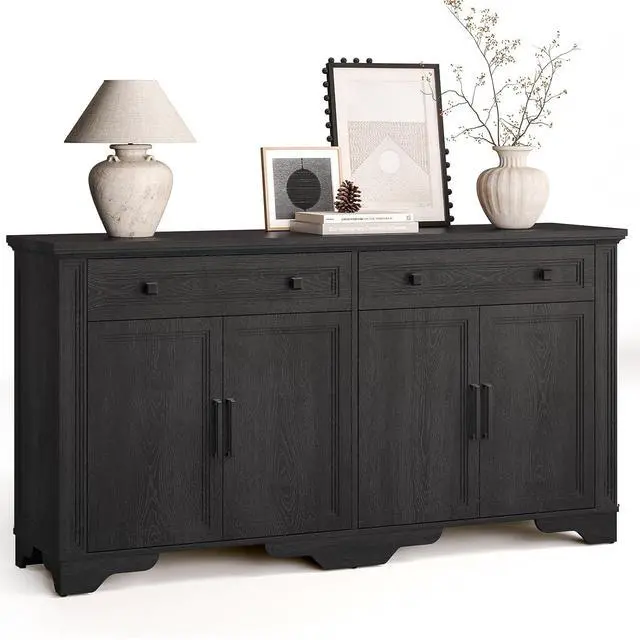 Main image of 63" Sideboard Buffet Cabinet, Kitchen Buffet Storage Cabinet, Large Credenza with Drawers & Doors, Wood Coffee Bar Console Wine Bar for Living Room Hallway Black