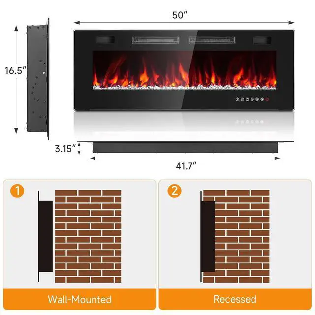 Alt view image 7 of 7 - 50 Electric Fireplace Insert, Ultra Slim Fireplace with 2 Heat Fans, 750/1500W Recessed Fire Place with 12 Flame Color, Touch Screen