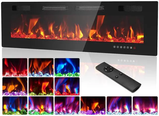 Alt view image 2 of 7 - 60 Electric Fireplace Insert, Ultra Slim Fireplace with 2 Heat Fans, 750/1500W Recessed Fire Place with 12 Flame Color, Touch Screen