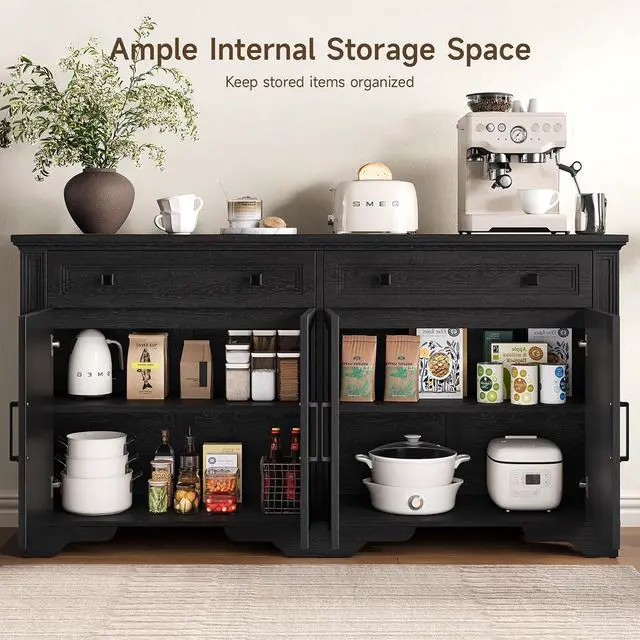 Alt view image 4 of 7 - 63" Sideboard Buffet Cabinet, Kitchen Buffet Storage Cabinet, Large Credenza with Drawers & Doors, Wood Coffee Bar Console Wine Bar for Living Room Hallway Black