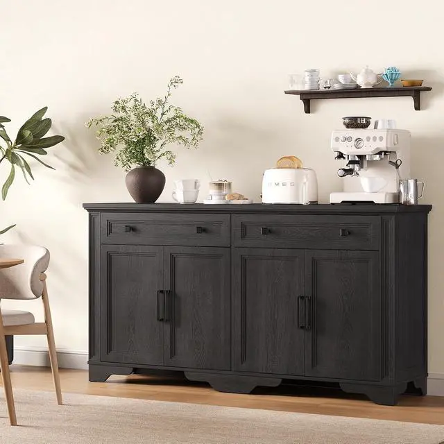 Alt view image 7 of 7 - 63" Sideboard Buffet Cabinet, Kitchen Buffet Storage Cabinet, Large Credenza with Drawers & Doors, Wood Coffee Bar Console Wine Bar for Living Room Hallway Black