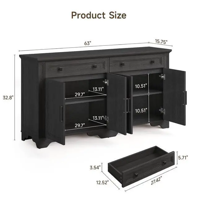 Alt view image 3 of 7 - 63" Sideboard Buffet Cabinet, Kitchen Buffet Storage Cabinet, Large Credenza with Drawers & Doors, Wood Coffee Bar Console Wine Bar for Living Room Hallway Black