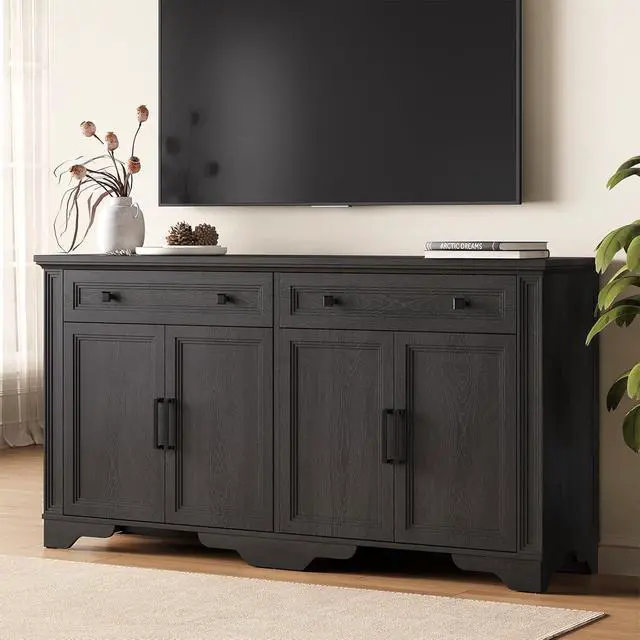 Alt view image 5 of 7 - 63" Sideboard Buffet Cabinet, Kitchen Buffet Storage Cabinet, Large Credenza with Drawers & Doors, Wood Coffee Bar Console Wine Bar for Living Room Hallway Black