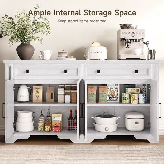 Alt view image 4 of 7 - 63" Sideboard Buffet Cabinet, Kitchen Buffet Storage Cabinet, Large Credenza with Drawers & Doors, Wood Coffee Bar Console Wine Bar for Living Room Hallway White