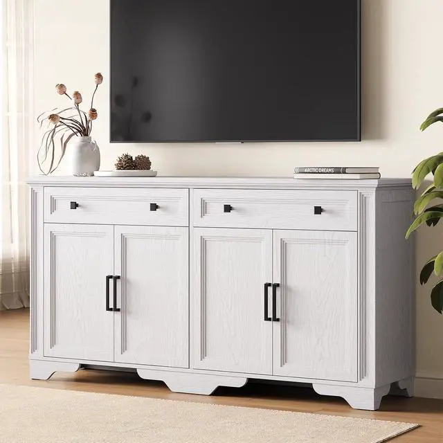 Alt view image 5 of 7 - 63" Sideboard Buffet Cabinet, Kitchen Buffet Storage Cabinet, Large Credenza with Drawers & Doors, Wood Coffee Bar Console Wine Bar for Living Room Hallway White