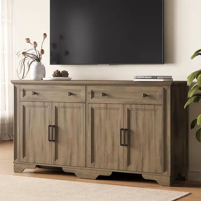 Alt view image 5 of 7 - 63" Sideboard Buffet Cabinet, Kitchen Buffet Storage Cabinet, Large Credenza with Drawers & Doors, Wood Coffee Bar Console Wine Bar for Living Room Hallway Washed Brown