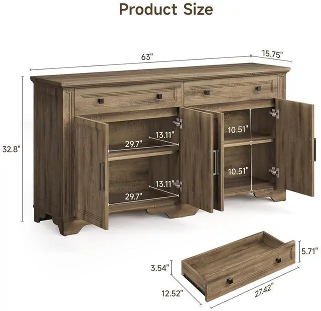 Alt view image 3 of 7 - 63" Sideboard Buffet Cabinet, Kitchen Buffet Storage Cabinet, Large Credenza with Drawers & Doors, Wood Coffee Bar Console Wine Bar for Living Room Hallway Washed Brown