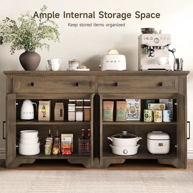Alt view image 4 of 7 - 63" Sideboard Buffet Cabinet, Kitchen Buffet Storage Cabinet, Large Credenza with Drawers & Doors, Wood Coffee Bar Console Wine Bar for Living Room Hallway Washed Brown