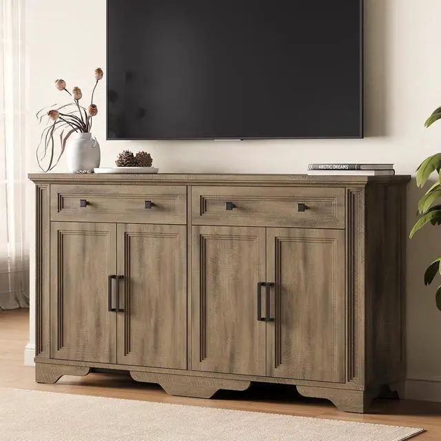 Alt view image 5 of 7 - 55" Sideboard Buffet Cabinet, Kitchen Buffet Storage Cabinet, Large Credenza with Drawers & Doors, Wood Coffee Bar Console Wine Bar for Living Room Hallway Washed Brown