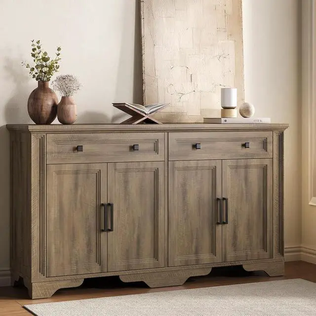 Alt view image 6 of 7 - 55" Sideboard Buffet Cabinet, Kitchen Buffet Storage Cabinet, Large Credenza with Drawers & Doors, Wood Coffee Bar Console Wine Bar for Living Room Hallway Washed Brown