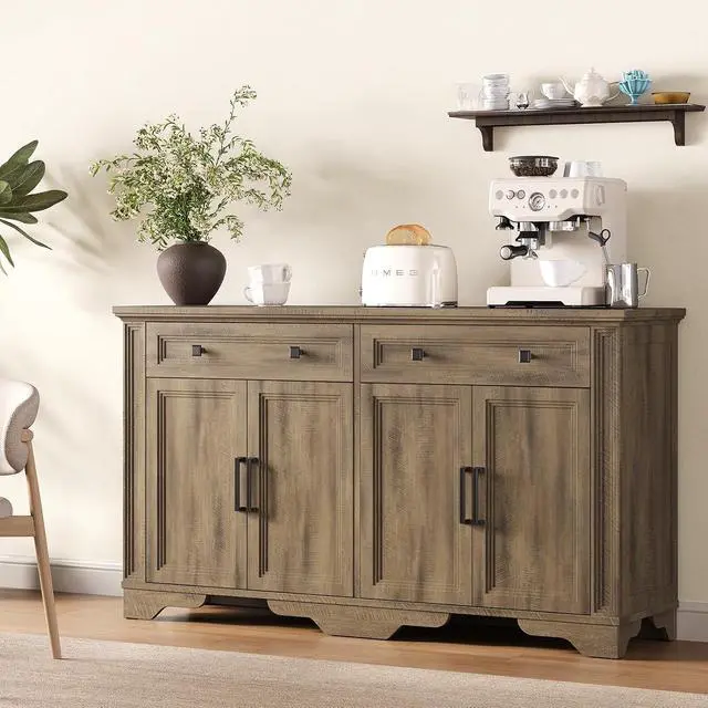 Alt view image 7 of 7 - 55" Sideboard Buffet Cabinet, Kitchen Buffet Storage Cabinet, Large Credenza with Drawers & Doors, Wood Coffee Bar Console Wine Bar for Living Room Hallway Washed Brown