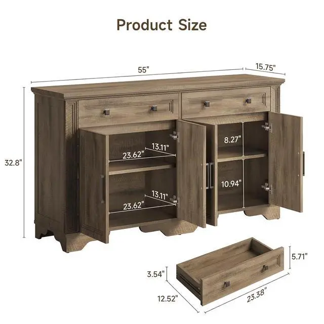 Alt view image 3 of 7 - 55" Sideboard Buffet Cabinet, Kitchen Buffet Storage Cabinet, Large Credenza with Drawers & Doors, Wood Coffee Bar Console Wine Bar for Living Room Hallway Washed Brown