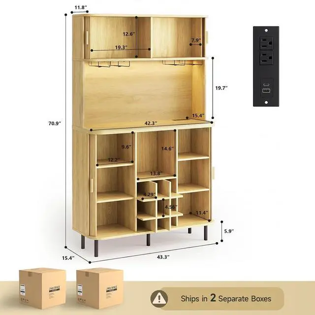 Alt view image 2 of 7 - 71" Tall Wine Bar Cabinet with Storage, Fluted Wood Coffee Bar Cabinet with LED Lights, Modern Liquor Cabinet for Home with Wine Glass Racks, Large Home Bar for Living Room Kitchen Oak