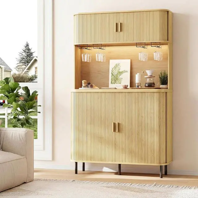 Alt view image 4 of 7 - 71" Tall Wine Bar Cabinet with Storage, Fluted Wood Coffee Bar Cabinet with LED Lights, Modern Liquor Cabinet for Home with Wine Glass Racks, Large Home Bar for Living Room Kitchen Oak