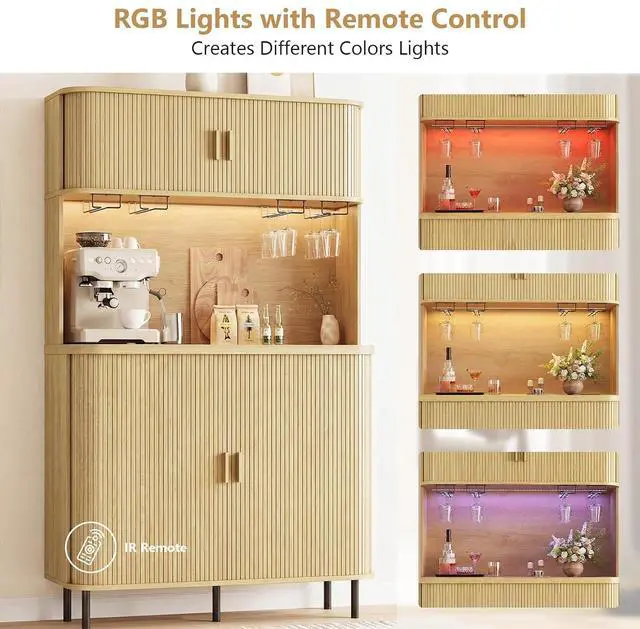 Alt view image 7 of 7 - 71" Tall Wine Bar Cabinet with Storage, Fluted Wood Coffee Bar Cabinet with LED Lights, Modern Liquor Cabinet for Home with Wine Glass Racks, Large Home Bar for Living Room Kitchen Oak