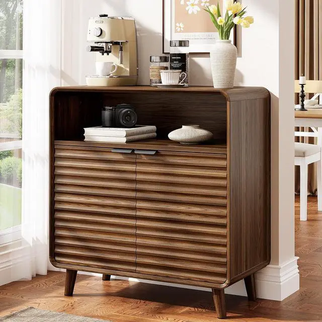 Main image of 31.5" Sideboard Buffet Cabinet with Storage, Curved Sideboard with 2 Wave Doors and Angled Side Frame, Small Storage Cabinet with Adjustable Shelves, Coffee Bar Cabinet for Living Room, Walnut