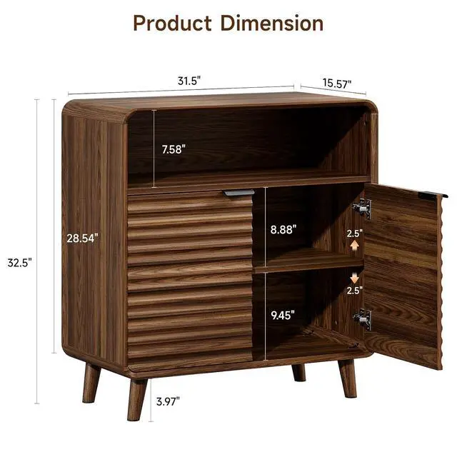 Alt view image 2 of 7 - 31.5" Sideboard Buffet Cabinet with Storage, Curved Sideboard with 2 Wave Doors and Angled Side Frame, Small Storage Cabinet with Adjustable Shelves, Coffee Bar Cabinet for Living Room, Walnut