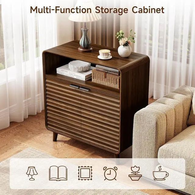 Alt view image 3 of 7 - 31.5" Sideboard Buffet Cabinet with Storage, Curved Sideboard with 2 Wave Doors and Angled Side Frame, Small Storage Cabinet with Adjustable Shelves, Coffee Bar Cabinet for Living Room, Walnut