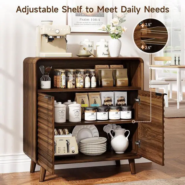 Alt view image 5 of 7 - 31.5" Sideboard Buffet Cabinet with Storage, Curved Sideboard with 2 Wave Doors and Angled Side Frame, Small Storage Cabinet with Adjustable Shelves, Coffee Bar Cabinet for Living Room, Walnut