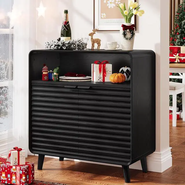 Main image of 31.5" Sideboard Buffet Cabinet with Storage, Curved Sideboard with 2 Wave Doors and Angled Side Frame, Small Storage Cabinet with Adjustable Shelves, Coffee Bar Cabinet for Dining Room, Black