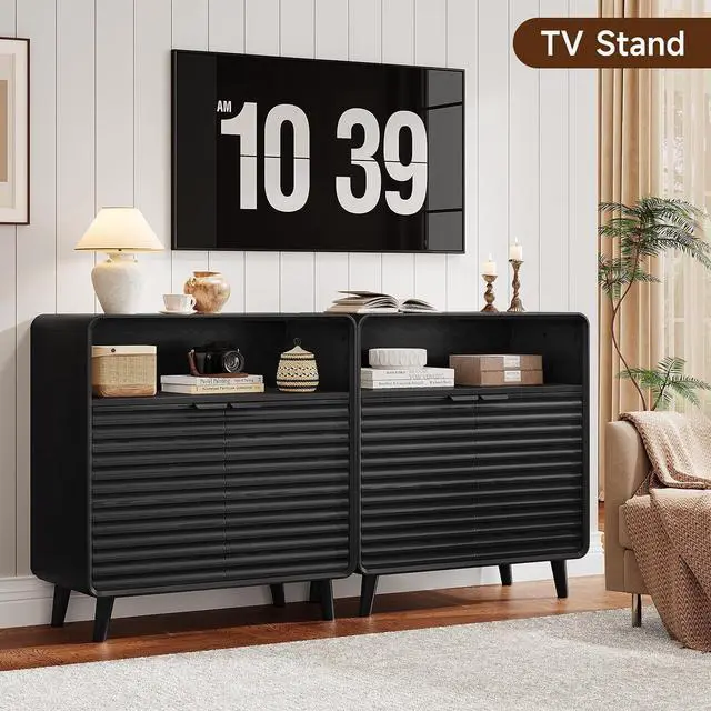 Alt view image 4 of 7 - 31.5" Sideboard Buffet Cabinet with Storage, Curved Sideboard with 2 Wave Doors and Angled Side Frame, Small Storage Cabinet with Adjustable Shelves, Coffee Bar Cabinet for Dining Room, Black