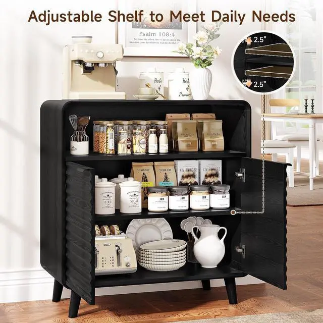 Alt view image 5 of 7 - 31.5" Sideboard Buffet Cabinet with Storage, Curved Sideboard with 2 Wave Doors and Angled Side Frame, Small Storage Cabinet with Adjustable Shelves, Coffee Bar Cabinet for Dining Room, Black