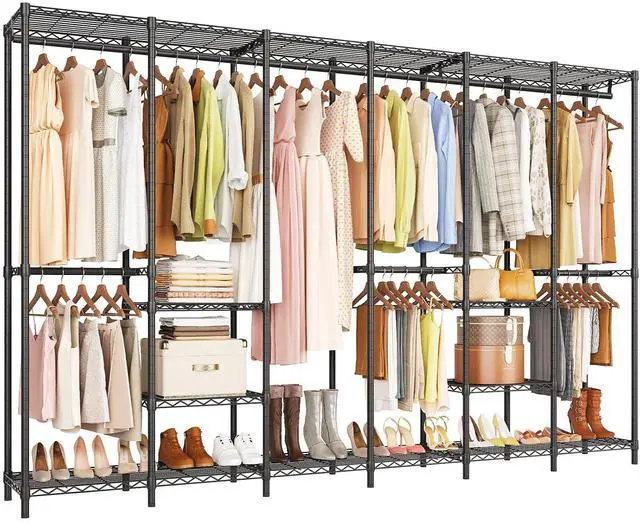 Main image of F6 Free Standing Industrial Pipe Clothes Rack, Large Heavy Duty Metal Garment Rack, Closet Organizer Storage System with Adjustable Shelves & Hanging Rods, Portable Wardrobe - Black