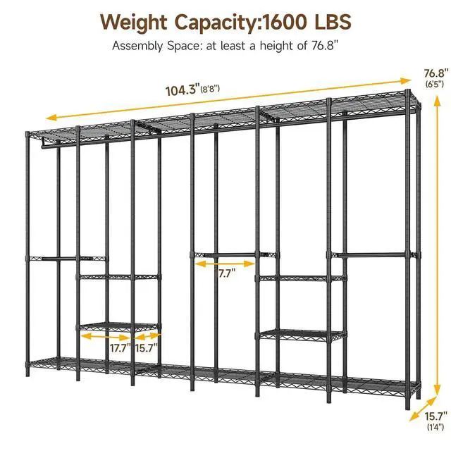 Alt view image 3 of 7 - F6 Free Standing Industrial Pipe Clothes Rack, Large Heavy Duty Metal Garment Rack, Closet Organizer Storage System with Adjustable Shelves & Hanging Rods, Portable Wardrobe - Black