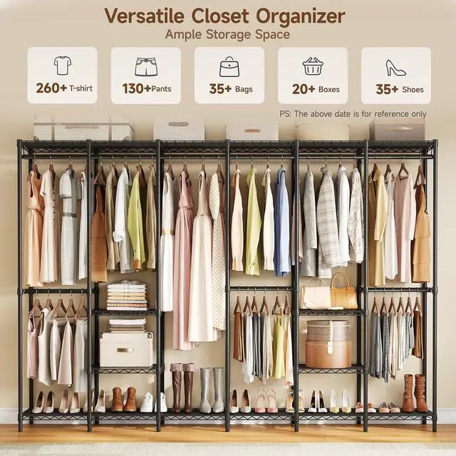 Alt view image 5 of 7 - F6 Free Standing Industrial Pipe Clothes Rack, Large Heavy Duty Metal Garment Rack, Closet Organizer Storage System with Adjustable Shelves & Hanging Rods, Portable Wardrobe - Black