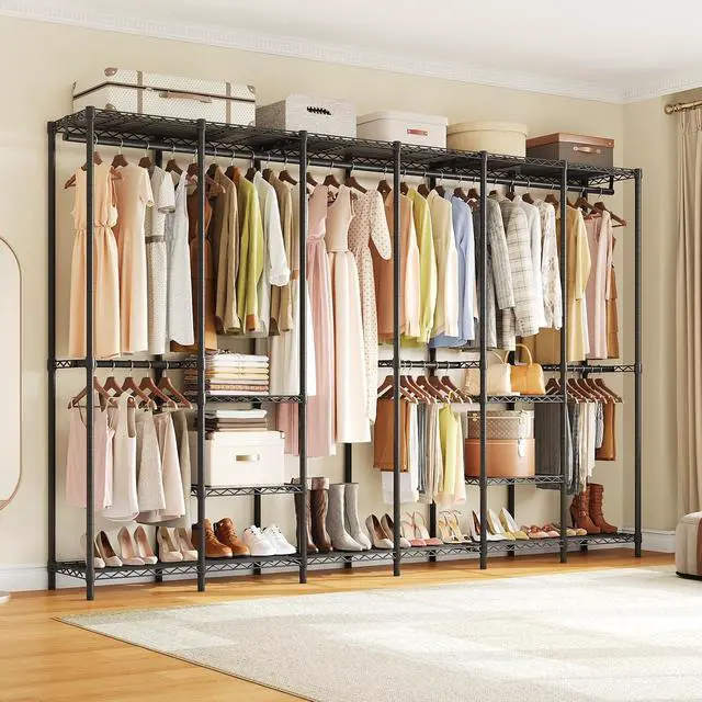 Alt view image 4 of 7 - F6 Free Standing Industrial Pipe Clothes Rack, Large Heavy Duty Metal Garment Rack, Closet Organizer Storage System with Adjustable Shelves & Hanging Rods, Portable Wardrobe - Black